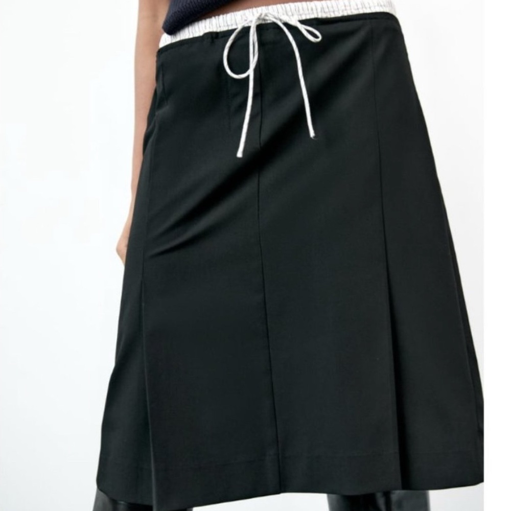 Zara Black Midi Skirt with White Drawstring Waist